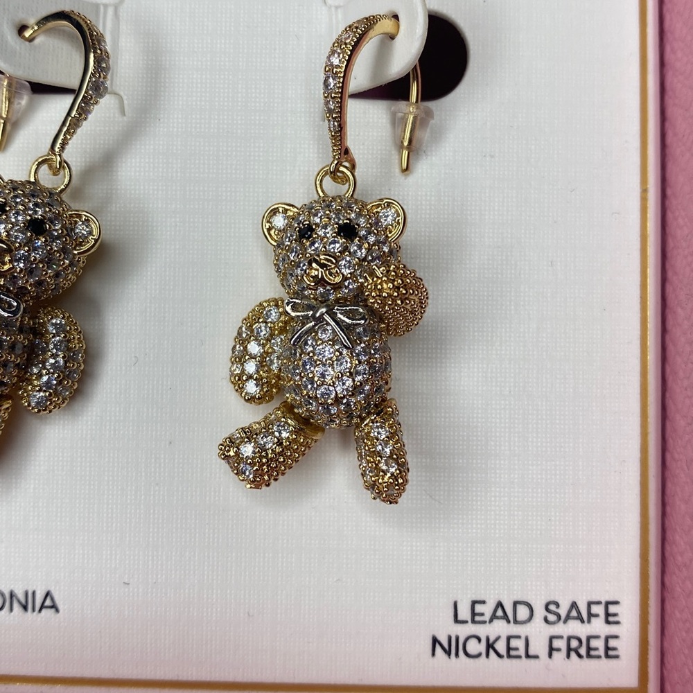 NIB! Piper K Gold Tone Teddy Bear Pave’ Crystal Drop Earrings - Picture 3 of 4